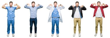 Beyaz izole çekici genç adam kolaj reklam, sürpriz yüz ve açık ağız gösterilen parmakları ile işaret aşağı arka plan