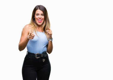 Genç güzel şık iş kadını için fotoğraf makinesi ile mutlu ve komik yüz parmakları işaret izole arka plan üzerinde. İyi enerji ve vibes.