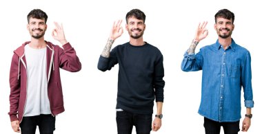 Kolaj ok işareti ile el ve parmak yapıyor olumlu gülümseyen izole arka plan üzerinde genç adam. Başarılı ifade.