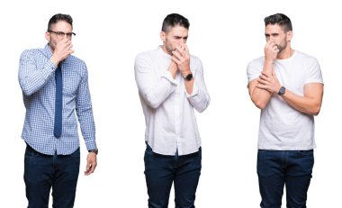 Kolaj yakışıklı iş adamı üzerinde beyaz bir arka plan bir şey pis ve iğrenç kokulu, dayanılmaz koku, holding nefes burun parmaklar ile izole. Kötü kokuyor kavramı.