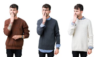 Kolaj izole arka plan üzerinde bir kazak giyen genç adam bir el ağzıyla kapsayan yorgun esneme sıkılmış. Restless ve uyku hali.