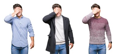 Genç yakışıklı iş adamı gülümsüyor ve gözleri için sürpriz kapsayan yüz el ile gülüyor izole arka plan üzerinde kolaj. Kör kavramı.