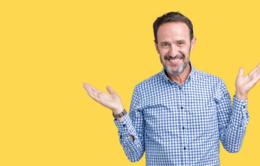 İzole arka plan gülen gösteren her iki yakışıklı orta yaş zarif üst düzey adam açık avuç içi, sunmak ve reklam karşılaştırma ve denge eller