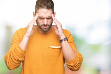 Çünkü genç yakışıklı adam arka plan baş baş ağrısı için el ile izole stres. Migren muzdarip.