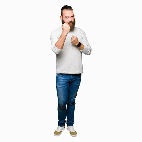 Young Blond Man Wearing Casual Sweater Ready Fight Fist Defense — Stock Photo, Image