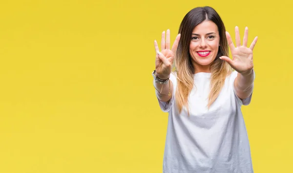 Joven Hermosa Mujer Casual Camiseta Blanca Sobre Fondo Aislado Mostrando — Foto de Stock