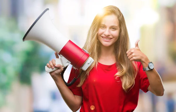 Jonge Mooie Blonde Vrouw Schreeuwen Door Megafoon Geïsoleerde Achtergrond Blij — Stockfoto