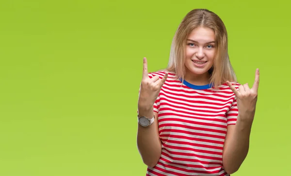 Young Caucasian Woman Isolated Background Shouting Crazy Expression Doing Rock — Stock Photo, Image