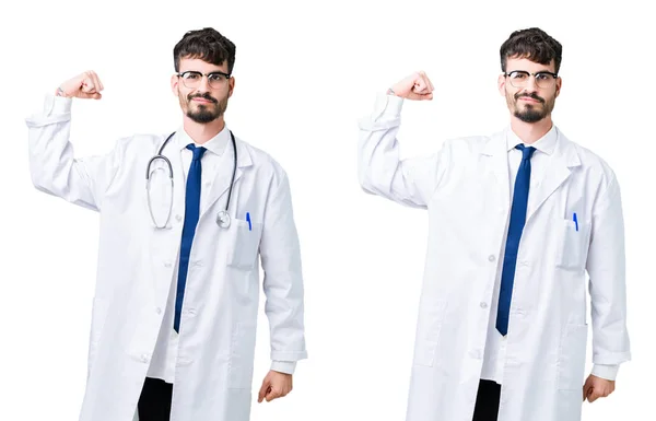 Collage Unga Läkare Man Klädd Medicinsk Coat Stark Person Visar — Stockfoto