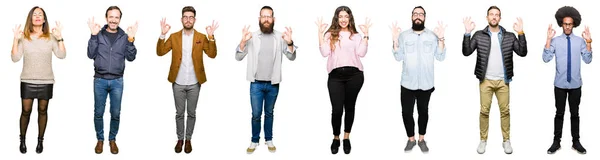 Collage Van Mensen Witte Geïsoleerde Achtergrond Ontspannen Lachend Met Ogen — Stockfoto