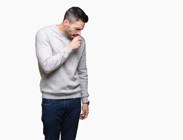 Jonge Knappe Man Dragen Sweatshirt Geïsoleerde Achtergrond Gevoel Onwel Hoesten — Stockfoto