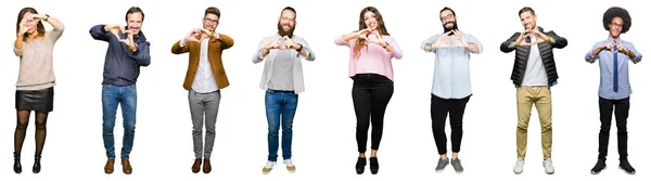 Collage Personas Sobre Fondo Blanco Aislado Sonriendo Amor Mostrando Símbolo —  Fotos de Stock