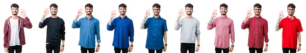 Collage Eines Jungen Mannes Vor Isoliertem Hintergrund Der Positiv Lächelt — Stockfoto