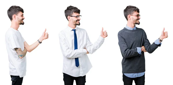 Collage Van Jonge Man Geïsoleerde Achtergrond Zoek Trots Die Lacht — Stockfoto