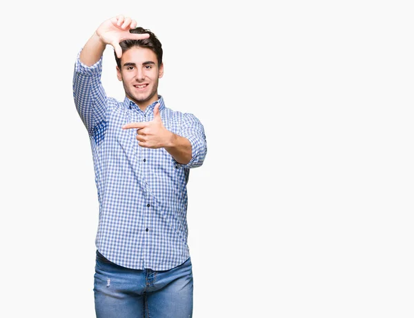 Jovem Homem Negócios Bonito Sobre Fundo Isolado Sorrindo Fazendo Quadro — Fotografia de Stock