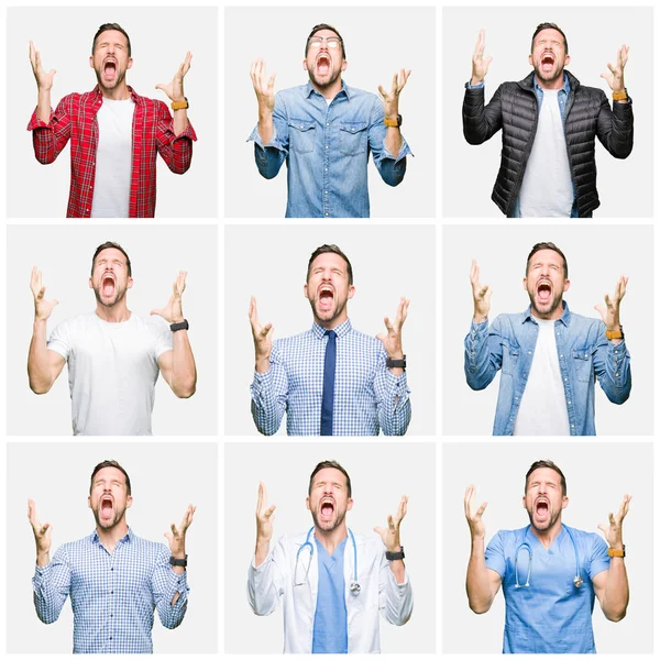 Collage Attractive Young Man White Isolated Background Celebrating Mad Crazy — Stock Photo, Image