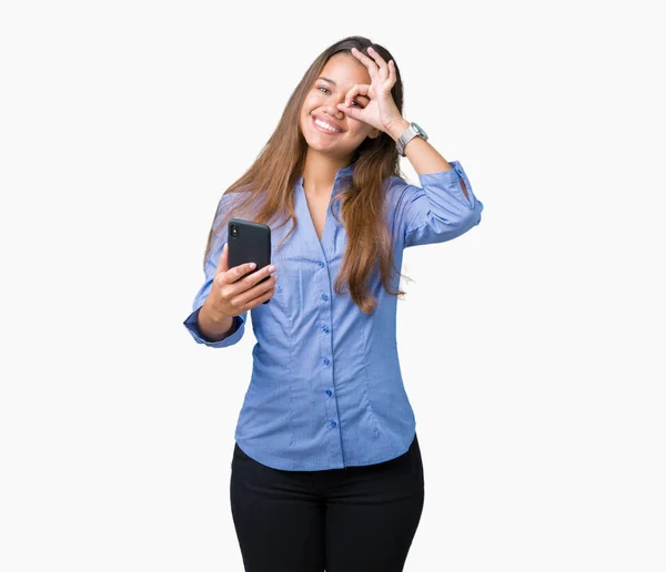 Young Beautiful Brunette Business Woman Using Smartphone Isolated Background Happy — Stock Photo, Image