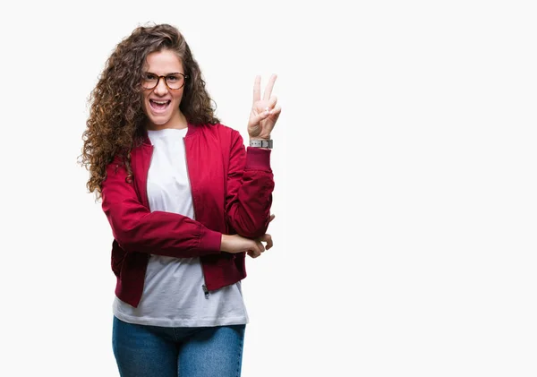Beautiful Brunette Curly Hair Young Girl Wearing Jacket Glasses Isolated — Stock Photo, Image