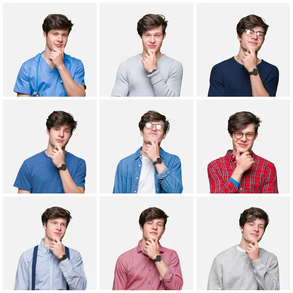 Collage Hombre Joven Sobre Fondo Blanco Aislado Mirando Confiado Cámara —  Fotos de Stock