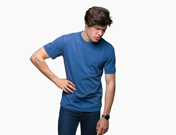 Jovem Homem Bonito Vestindo Camiseta Azul Sobre Fundo Isolado Sofrendo — Fotografia de Stock