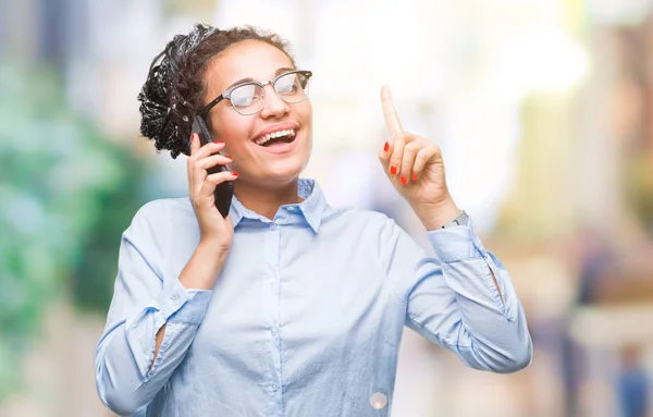 Young Braided Hair African American Business Girl Showing Calling Using — Stock Photo, Image