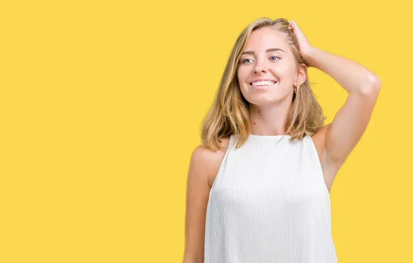 Bela Jovem Elegante Mulher Sobre Isolado Fundo Sorrindo Confiante Tocando — Fotografia de Stock