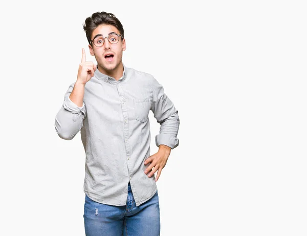 Joven Hombre Guapo Con Gafas Sobre Fondo Aislado Apuntando Con — Foto de Stock