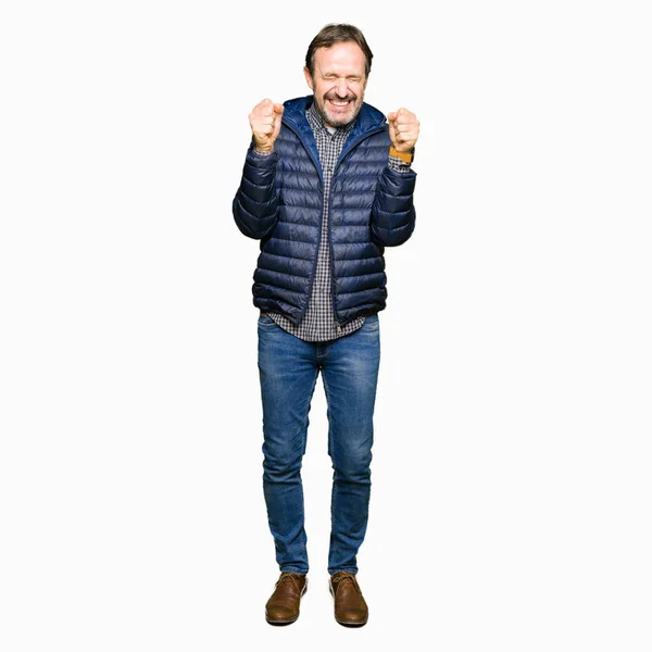 Middle Age Handsome Man Wearing Winter Coat Excited Success Arms — Stock Photo, Image