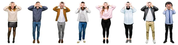 Collage Van Mensen Witte Geïsoleerde Achtergrond Doen Gebaar Als Verrekijker — Stockfoto