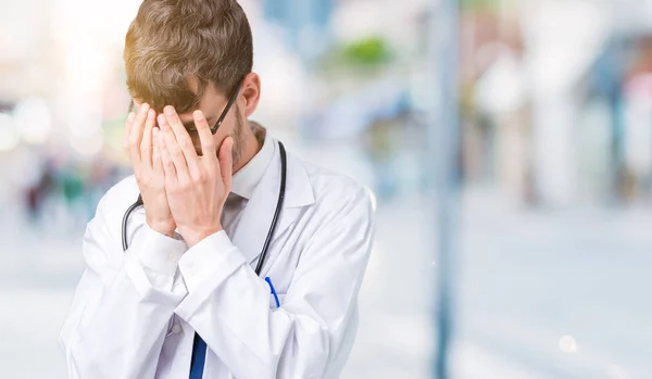 Young Doctor Man Wearing Hospital Coat Isolated Background Sad Expression — Stock Photo, Image
