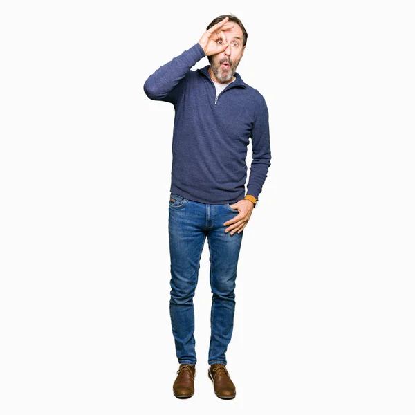Middle Age Handsome Man Wearing Sweater Doing Gesture Shocked Surprised — Stock Photo, Image