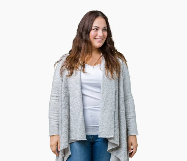 Schöne Junge Frau Size Winterjacke Über Isoliertem Hintergrund Die Mit — Stockfoto