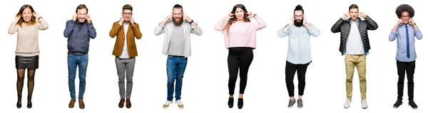 Collage Von Menschen Vor Weißem Isoliertem Hintergrund Die Die Ohren — Stockfoto