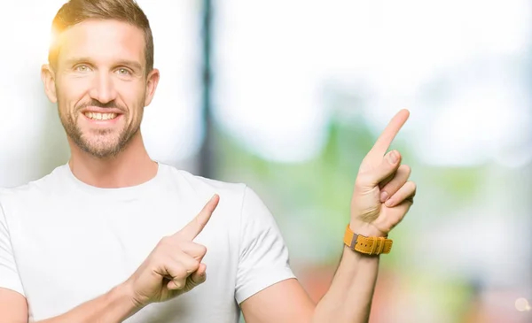 Handsome Man Wearing Casual White Shirt Smiling Looking Camera Pointing — Stock Photo, Image
