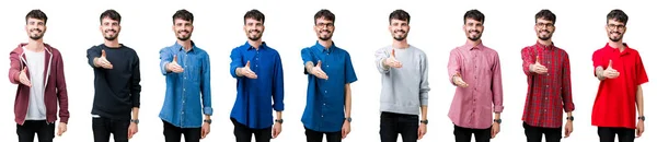 Collage Ung Man Över Isolerade Bakgrund Leende Vänliga Erbjudande Handslag — Stockfoto