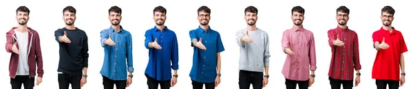 Collage Joven Sobre Fondo Aislado Sonriendo Amistoso Ofreciendo Apretón Manos —  Fotos de Stock