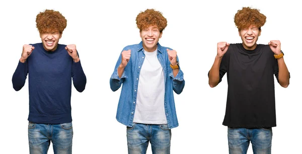 Collage Young Men Curly Hair Isolated White Background Excited Success — Stock Photo, Image