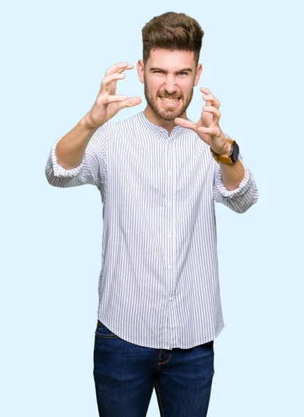 Young Handsome Man Shouting Frustrated Rage Hands Trying Strangle Yelling — Stock Photo, Image