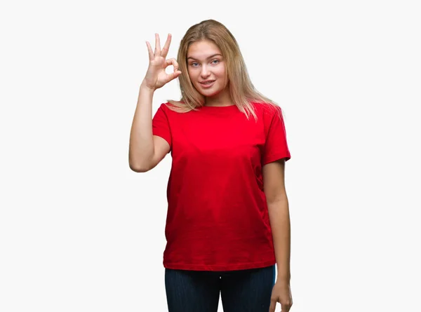 Young Caucasian Woman Isolated Background Smiling Positive Doing Sign Hand — Stock Photo, Image