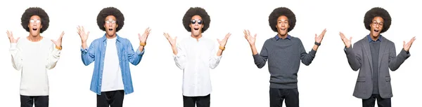 Colagem Jovem Com Cabelo Afro Sobre Fundo Isolado Branco Comemorando — Fotografia de Stock