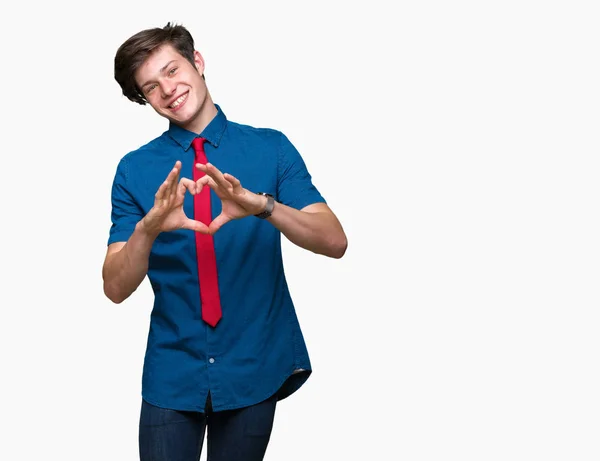 Fiatal Jóképű Üzletember Visel Piros Nyakkendő Mosolygó Szerelmes Szív Szimbólum — Stock Fotó