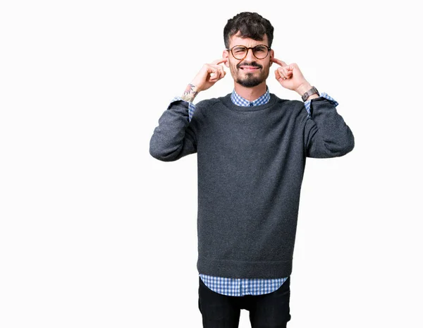 Young Handsome Smart Man Wearing Glasses Isolated Background Covering Ears — Stock Photo, Image