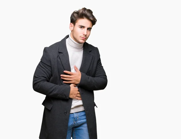 Young Elegant Man Wearing Winter Coat Isolated Background Hand Stomach — Stock Photo, Image