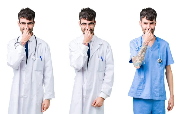 Collage Del Médico Con Abrigo Médico Sobre Fondo Aislado Oliendo — Foto de Stock