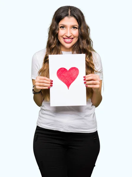 Jeune Femme Adulte Tenant Carte Avec Coeur Rouge Avec Visage — Photo