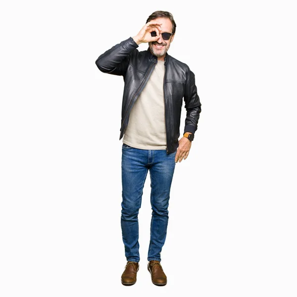 Middle Age Handsome Man Wearing Sunglasses Black Leather Jacket Doing — Stock Photo, Image