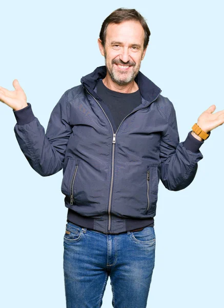 Middle Age Handsome Man Wearing Jacket Smiling Showing Both Hands — Stock Photo, Image