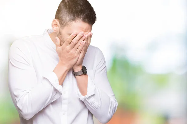 Joven Hombre Negocios Sobre Fondo Aislado Con Expresión Triste Cubriendo —  Fotos de Stock