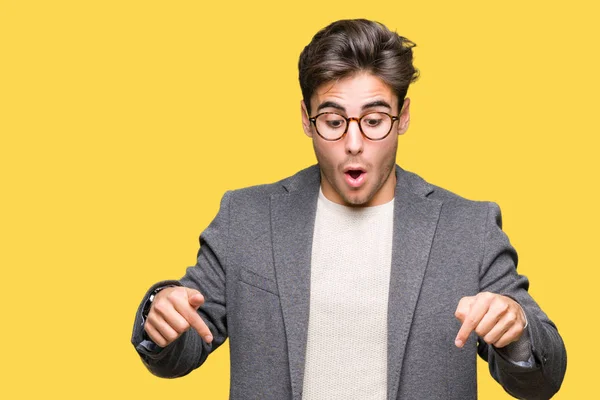 Young Business Man Wearing Glasses Isolated Background Pointing Fingers Showing — Stock Photo, Image