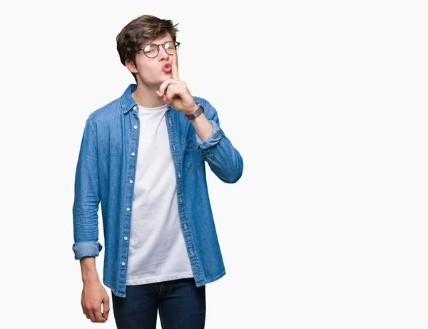 Young Handsome Man Wearing Glasses Isolated Background Asking Quiet Finger — Stock Photo, Image